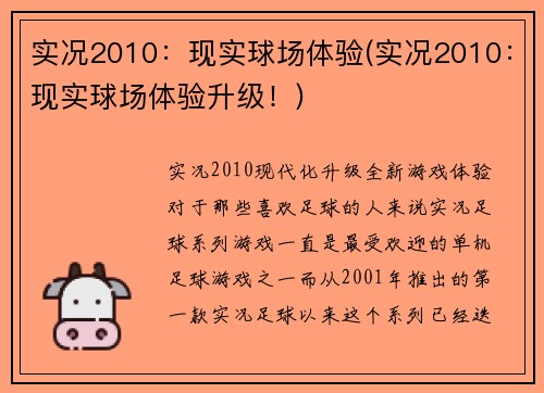 实况2010：现实球场体验(实况2010：现实球场体验升级！)